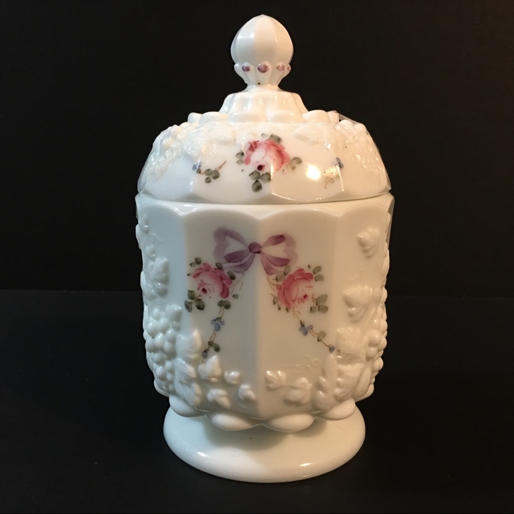 Westmoreland Milk Glass Pedestal Canister Candy Dish Handpainted Rose Garland